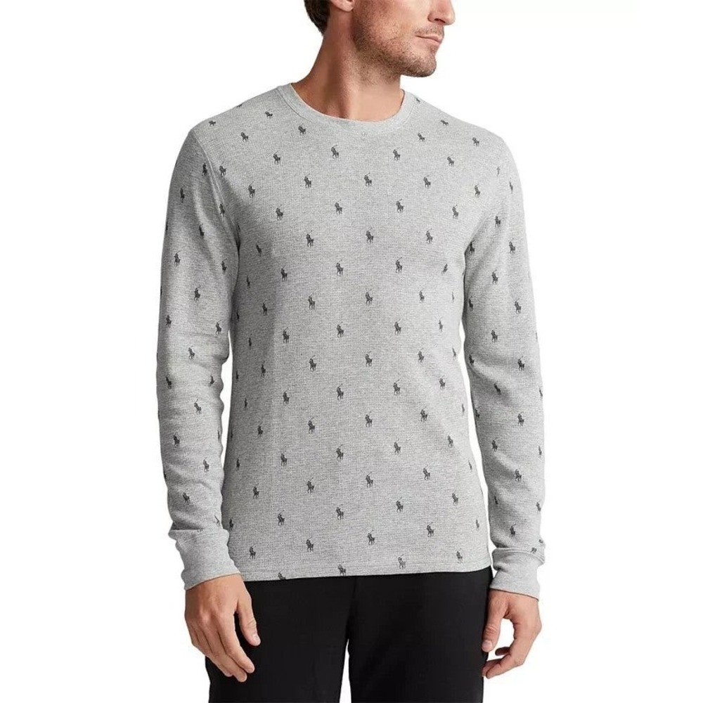Polo Ralph Lauren Thermal Top Men`s Large Grey Waffle Knit Pony Print Preppy